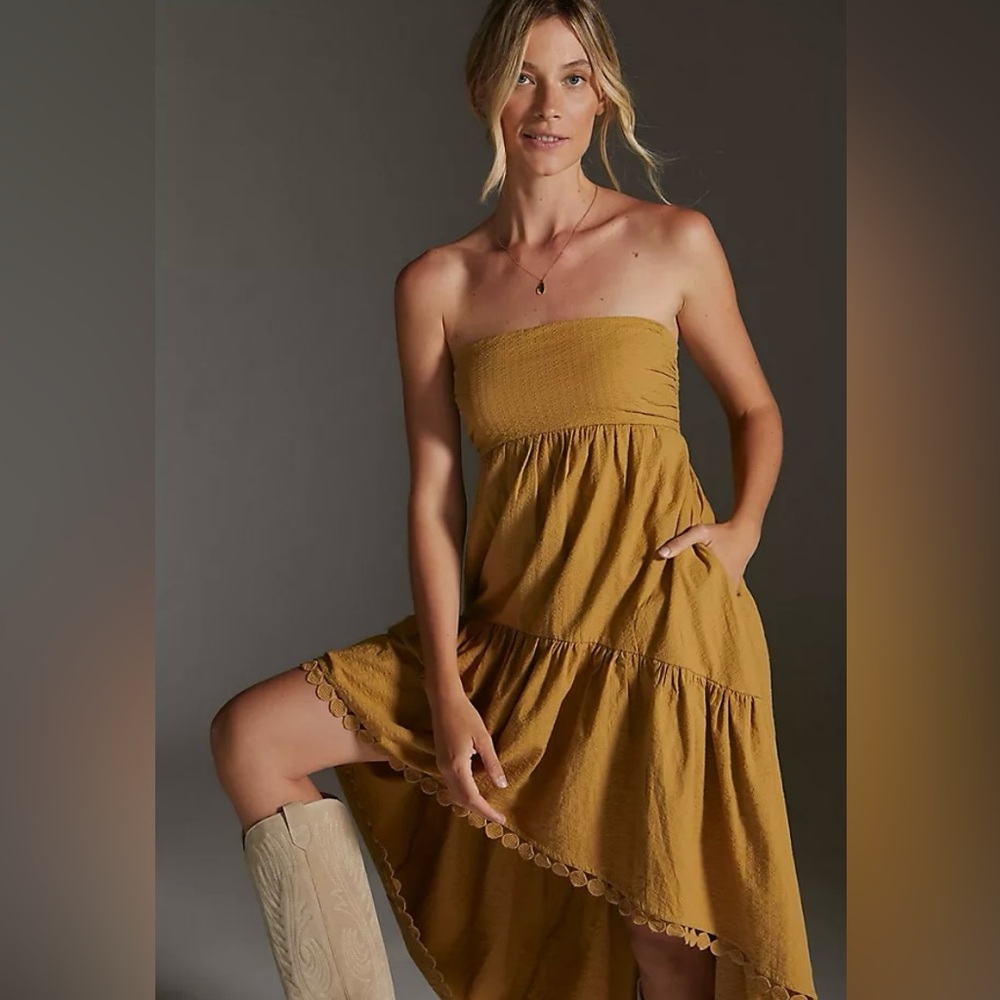 ANTHROPOLOGIE MAEVE high low tiered strapless midi mini dress yellow gold size S